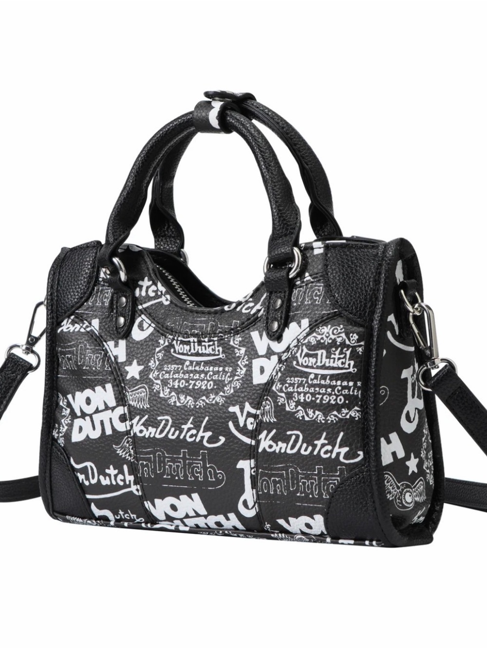 Von Dutch County Black & White Logo Print Satchel NWT - Picture 2 of 6
